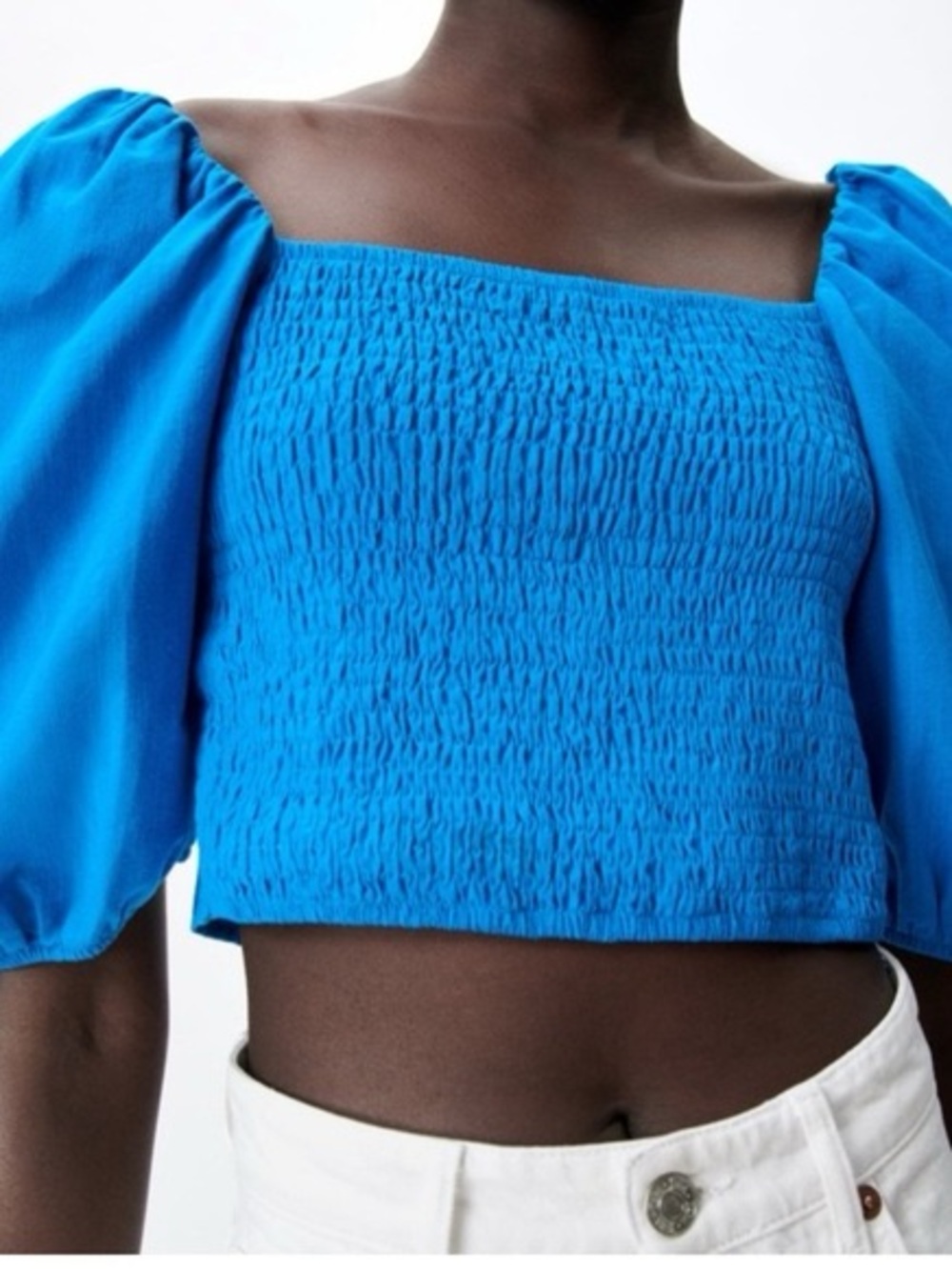 Zara Electric Blue Smocked Puff-Sleeve Crop Top